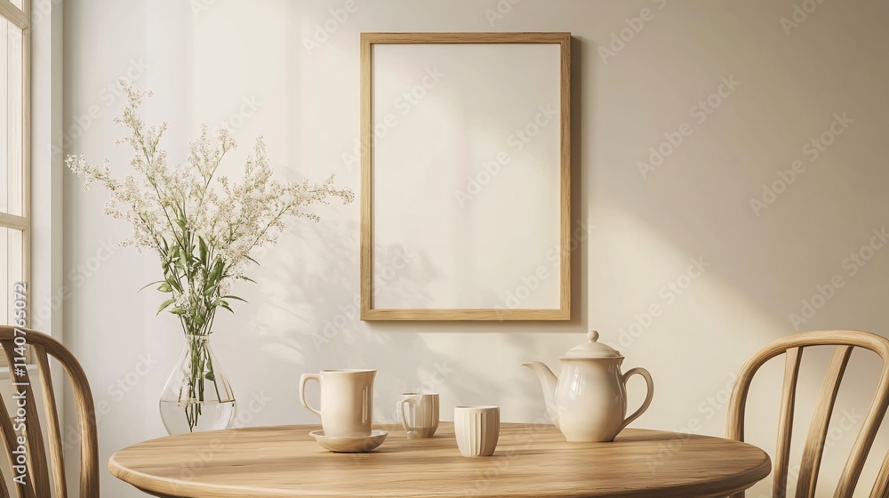 A serene kitchen scene featuring a wooden table, elegant tea set, and a vase of flowers, illuminated by soft natural light. A serene kitchen scene featuring a wooden table, elegant tea set, and a vase of flowers, illuminated by soft natural light.