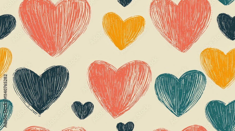 Fototapeta premium This design features an array of abstract hearts in various colors and sizes, set against a light bakcground