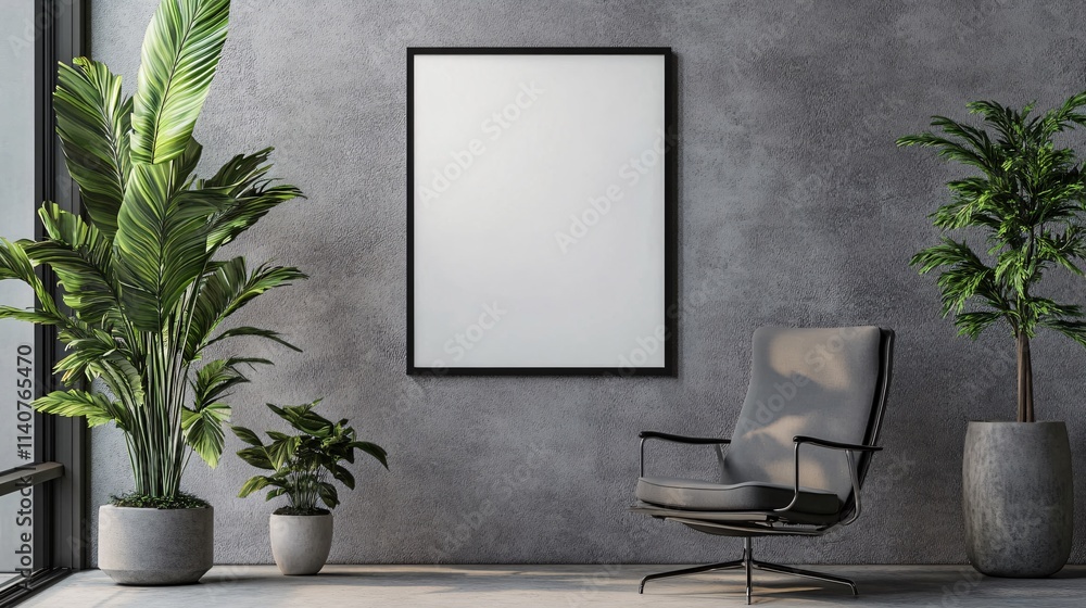 A modern living space featuring a sleek gray armchair, large indoor plants, and an empty black-framed canvas on the wall. A modern living space featuring a sleek gray armchair, large indoor plants, and an empty black-framed canvas on the wall.