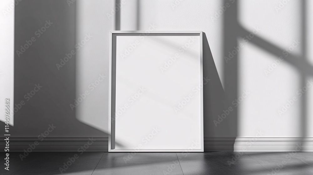 A blank white frame is positioned against a wall, illuminated by soft shadows from nearby windows. A blank white frame is positioned against a wall, illuminated by soft shadows from nearby windows.