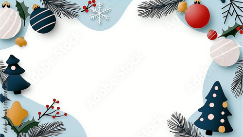 Whimsical December-themed clip art wallpaper featuring snowflakes, pine trees, and festive ornaments in soft pastel tones. photo