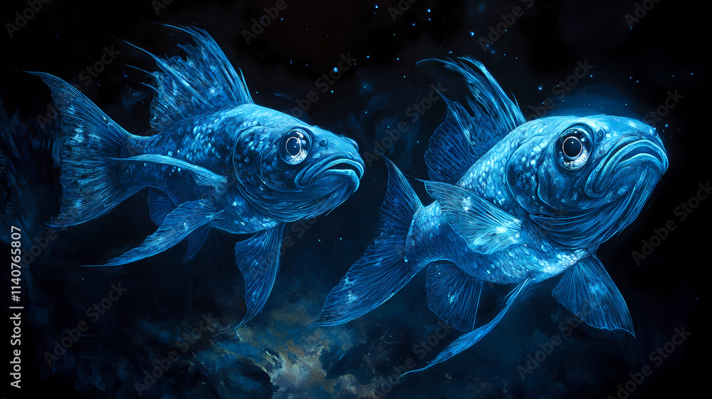 Fototapeta premium Bioluminescent fish moving stealthily through the dark waters, using quick, precise motions for survival in the abyss. Chasm. Illustration