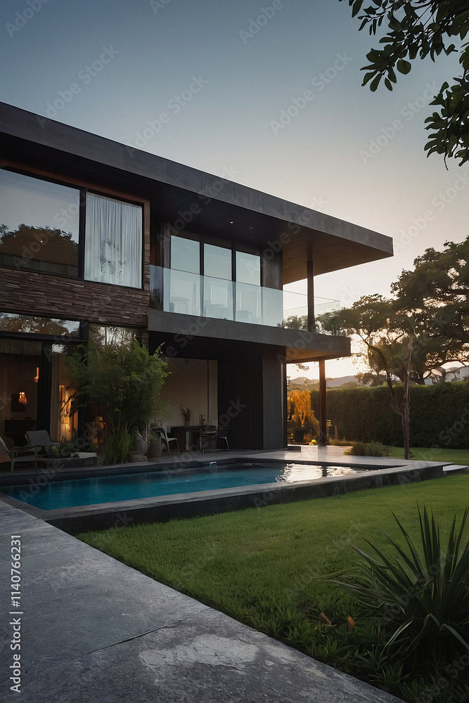 Modern two-story dark-grey house with large windows, glass balcony, and a rectangular swimming pool. Landscaped lawn and trees surround the property at sunset. Modern two-story dark-grey house with large windows, glass balcony, and a rectangular swimming pool. Landscaped lawn and trees surround the property at sunset.