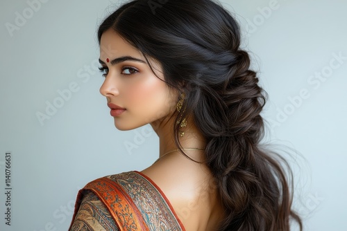 Heritage-inspired back portrait of an Indian woman, highlighting her long hair photo