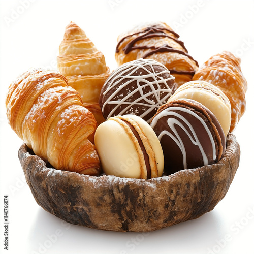 A selection of classic French pastries--croissants, éclairs, macarons, and pain au chocolat--displayed in a rustic, artisanal ceramic dish. photo