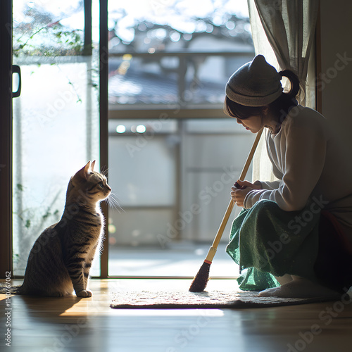 Cute little cat in room with woman do cleaning  photo