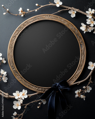 A circular frame made from aged oak, carved with intricate European Baroque patterns, adorned with a deep velvet ribbon. rests on a solid black background, blossoming spring flowers photo