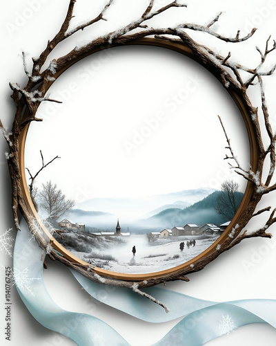 A circular frame made from shimmering frost-covered branches. set against a solid white background, surrounded by drifting snowflakes and misty European landscapes in the distance. photo