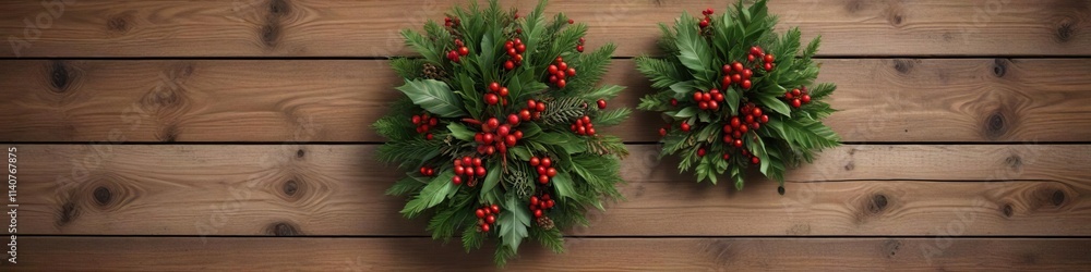 Evergreen foliage and holly berry arrangement with rustic wooden elements, nature, holly, rustic wood Evergreen foliage and holly berry arrangement with rustic wooden elements, nature, holly, rustic wood
