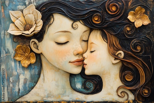 A beautiful, artistic sculpture of a mother and child, showcasing a deep bond of love and affection, symbolizing family connection and motherhood.