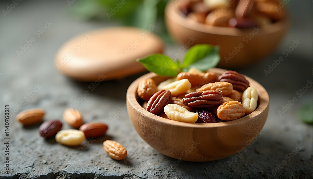 A delightful mix of pecans, almonds, and cashews, artfully arranged in a rustic wooden bowl. A tempting snack! A delightful mix of pecans, almonds, and cashews, artfully arranged in a rustic wooden bowl. A tempting snack!