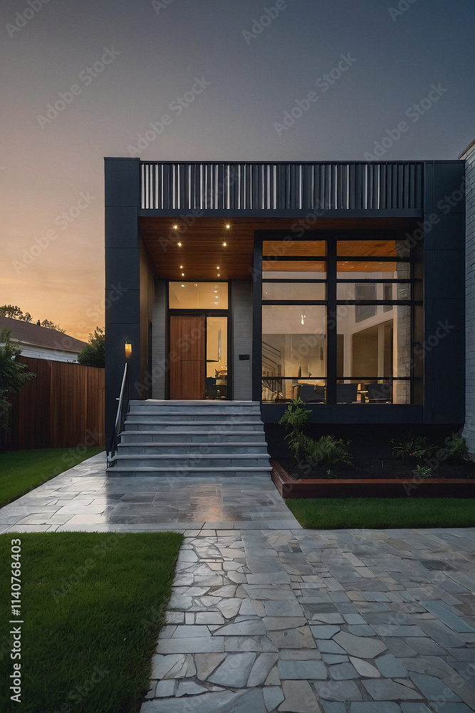 Modern house exterior at dusk. Features a dark gray facade, large windows, stone steps, and a flagstone walkway. Landscaping includes grass and a low planter. Warm interior lighting is visible. Modern house exterior at dusk. Features a dark gray facade, large windows, stone steps, and a flagstone walkway. Landscaping includes grass and a low planter. Warm interior lighting is visible.