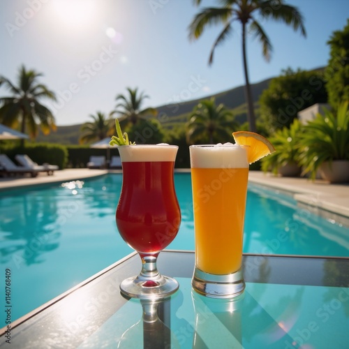 Relax with two refreshing beverages at a poolside bar during summer vacation