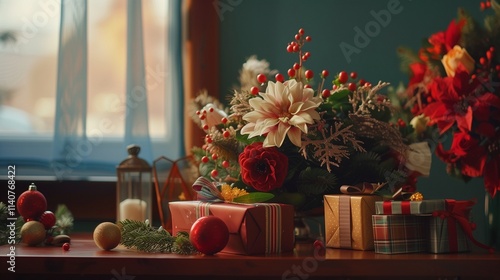 Christmas or New Year concept with flower arrangement, gift boxes and Christmas decorations on table. Festive still life photo