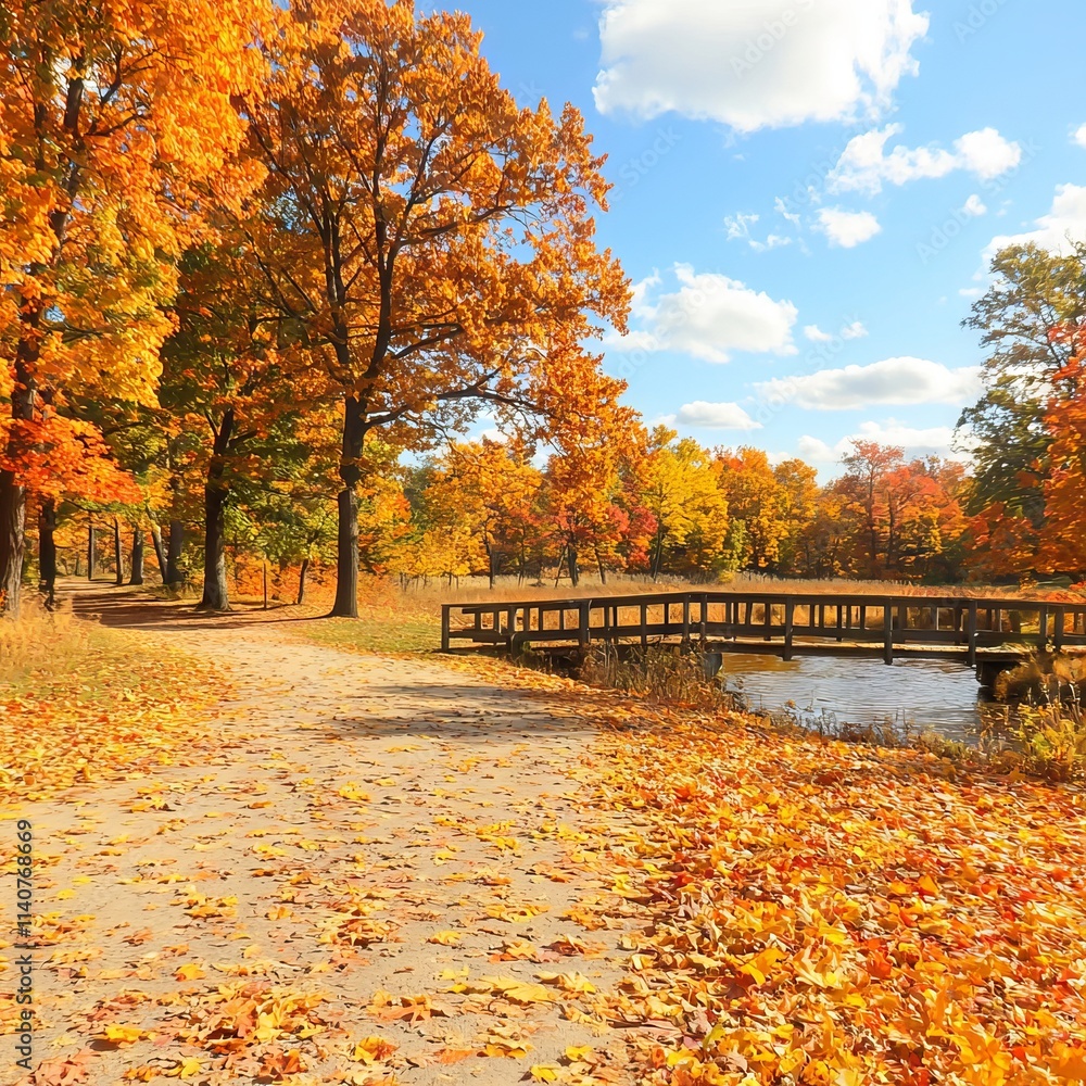 Obraz premium A scenic autumn pathway lined with colorful foliage and a wooden bridge.