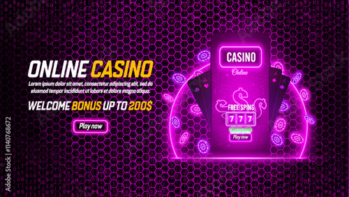 Modern bright casino banner with poker cards, neon chips and round neon pink backlight. Casino concept on hexagon tech background. Vector illustration