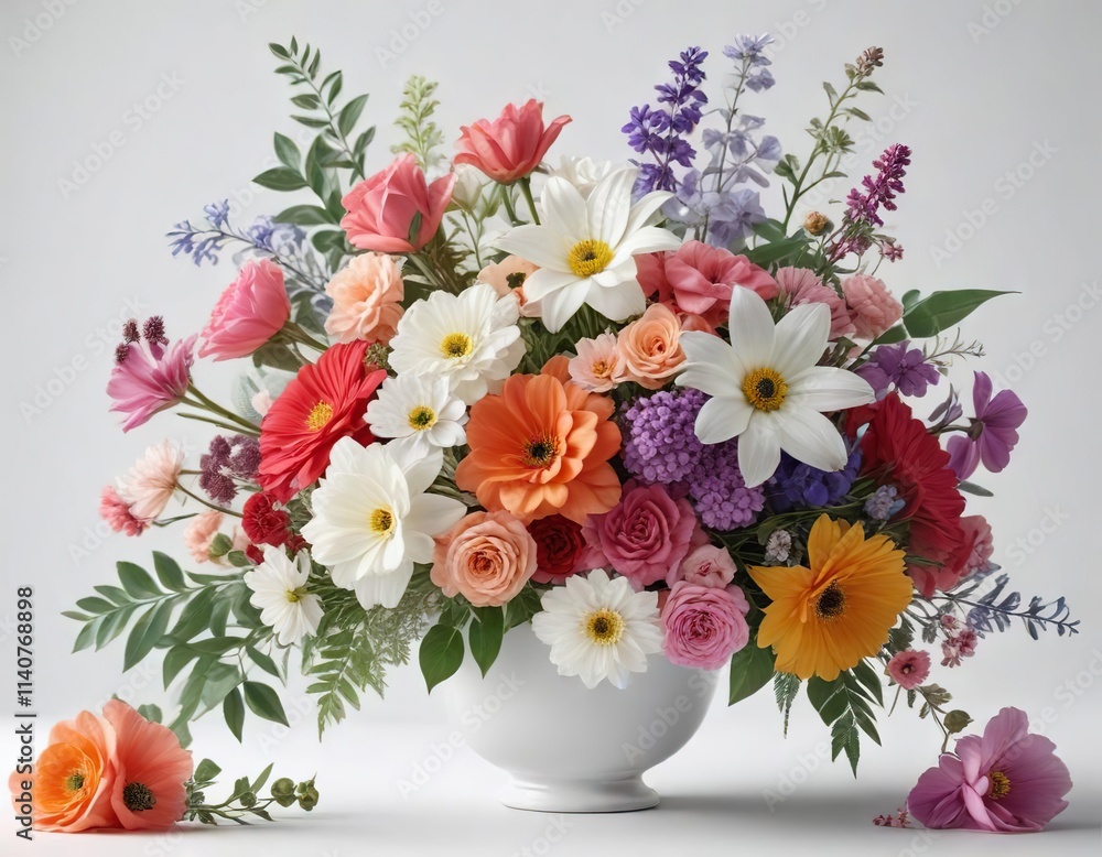 Obraz premium Floral arrangement on white background with mixed flowers, garden flowers, flower arrangement