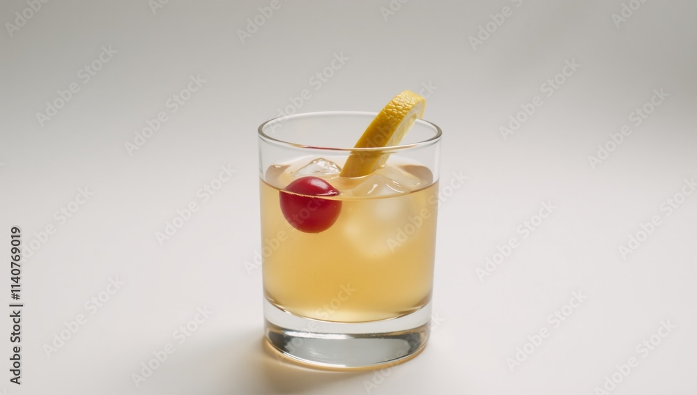 Whiskey Sour in a Short Glass Garnished with Lemon Slice Cherry Smooth Tone White Background Soft Lighting - Minimalist Composition No Logo Whiskey Sour in a Short Glass Garnished with Lemon Slice Cherry Smooth Tone White Background Soft Lighting - Minimalist Composition No Logo