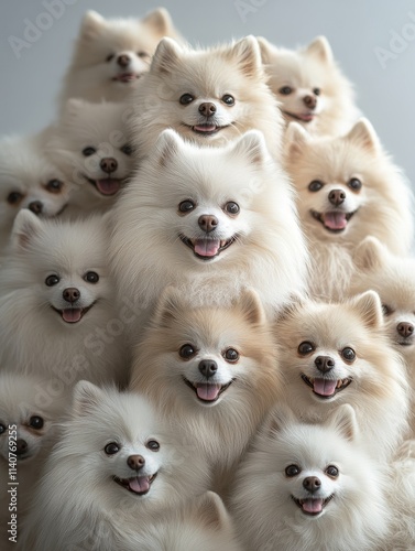 A Million Cute Little White Pomeranians - Fluffy, adorable, playful, cuddly, and charming white Pomeranian dogs piled together.  A heartwarming image symbolizing friendship, joy, and pure fluffiness. photo