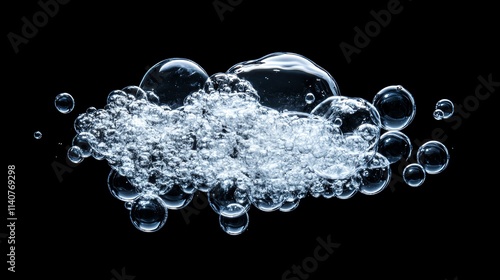 A cluster of bubbles rising in a refreshing liquid on a black background. photo