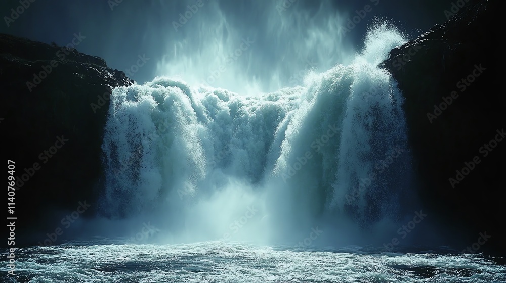 Fototapeta premium A powerful waterfall cascading down rocky cliffs in nature.