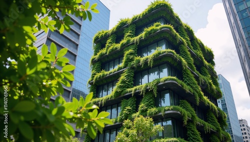 Eco-friendly office building featuring sustainable glass structure surrounded by lush greenery promotes a green energy efficient urban workplace photo