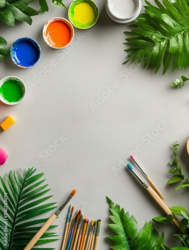 Artistic Workspace with Tropical Leaves - Creative workspace, vibrant paints, fine brushes, lush foliage, blank canvas,  inspiring artistry. photo