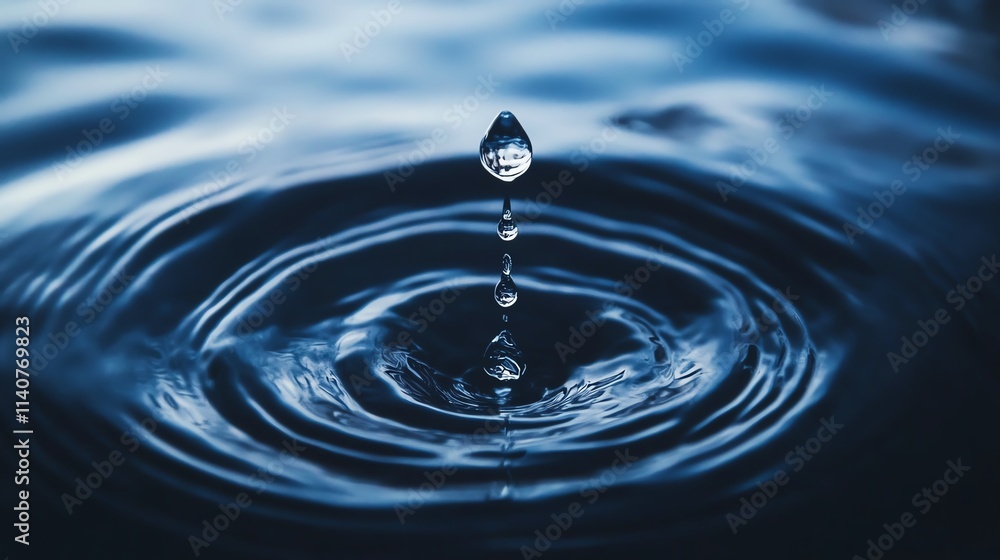 A single water droplet falling into calm blue water. A single water droplet falling into calm blue water.