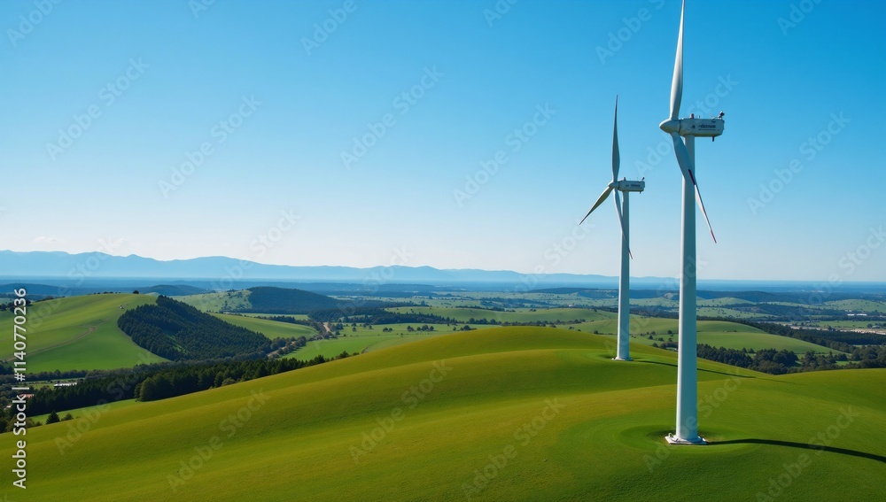 Obraz premium Wind turbines gracefully dotting eco-friendly green landscapes beneath a sunlit sky