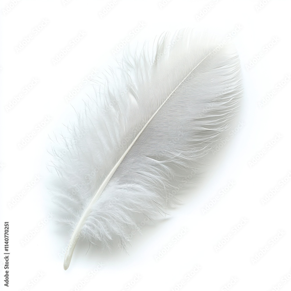 A soft down feather with a fluffy texture and gentle curve on a white background A soft down feather with a fluffy texture and gentle curve on a white background
