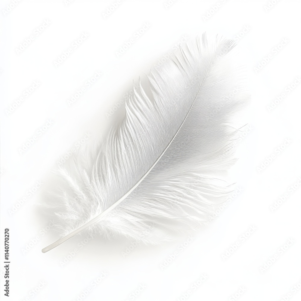 A soft down feather with a fluffy texture and gentle curve on a white background A soft down feather with a fluffy texture and gentle curve on a white background