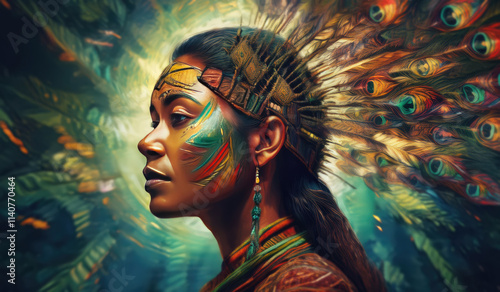 Native indian female portrait, wearing a headdress adorned with colorful peacock feathers. Vibrant green background with abstract jungle nature. Beautiful woman chieftain traditional maya civilization photo