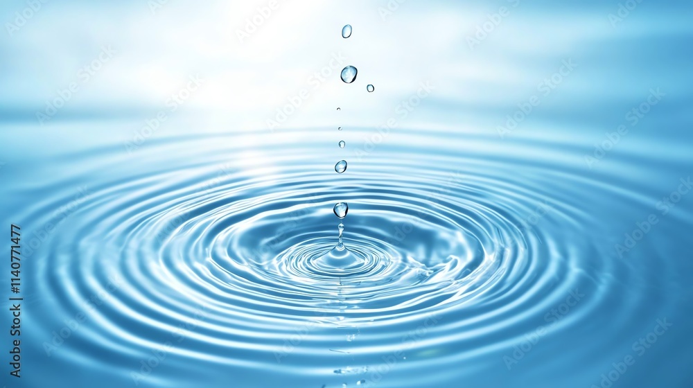 Crystal clear water droplets create ripples in calm blue water. Crystal clear water droplets create ripples in calm blue water.