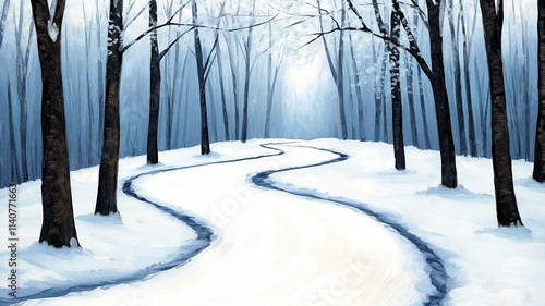 winter trail, featuring soft brush strokes and a muted color palette of blues and whites. The winding path is set against a backdrop of snow-laden trees photo