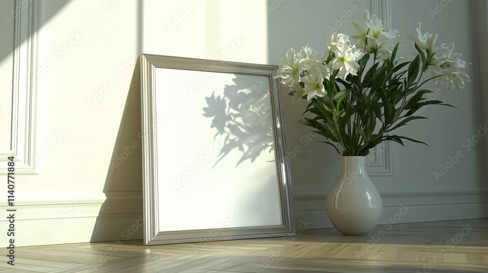 A serene interior scene with a blank frame and a bouquet of white lilies in a modern vase. A serene interior scene with a blank frame and a bouquet of white lilies in a modern vase.