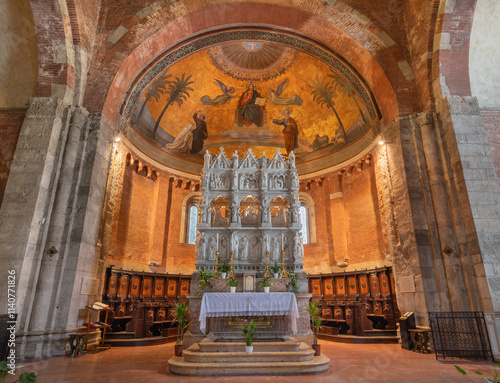 PAVIA, ITALY - SEPTEMBER 9, 2024: The tomb of St Augustine with the reliquary in church Basilica di San Pietro in Ciel d Oro  Giovanni di Balduccio photo