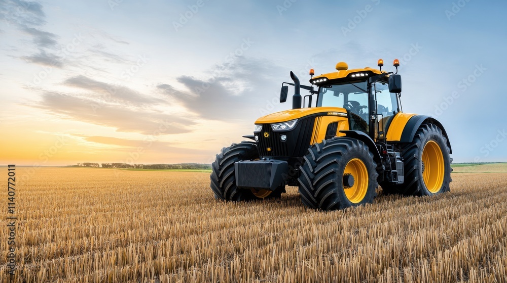 Modern Agricultural Tractor Harvesting Golden Wheat Field at Sunset with Dramatic Sky and Rolling Landscape Modern Agricultural Tractor Harvesting Golden Wheat Field at Sunset with Dramatic Sky and Rolling Landscape
