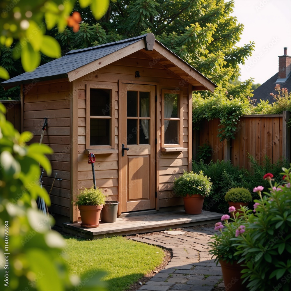 A beautiful garden setting is highlighted by morning light in a captivating wide-angled image featuring an inviting garden shed surrounded by potted plants and assorted gardening tools A beautiful garden setting is highlighted by morning light in a captivating wide-angled image featuring an inviting garden shed surrounded by potted plants and assorted gardening tools