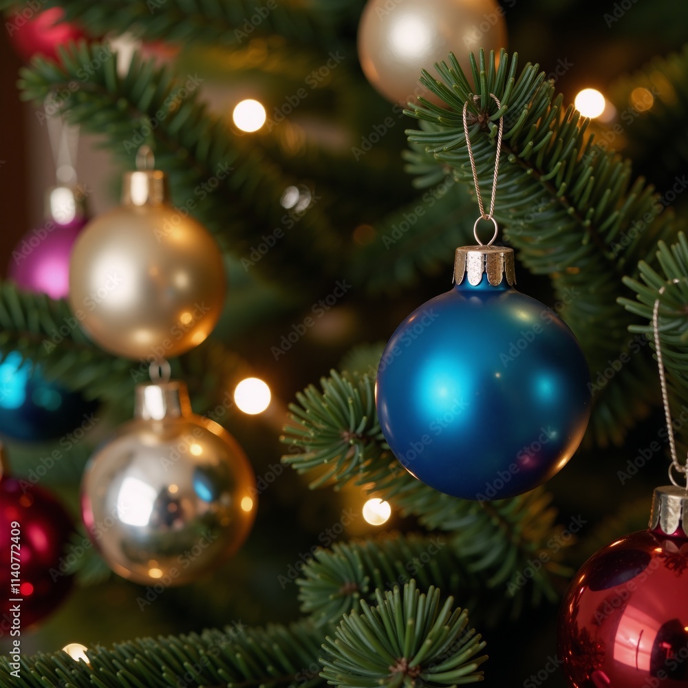 Glossy Christmas ornaments create cozy festive ambience on fir branches ideal for a modern New Years postcard Glossy Christmas ornaments create cozy festive ambience on fir branches ideal for a modern New Years postcard