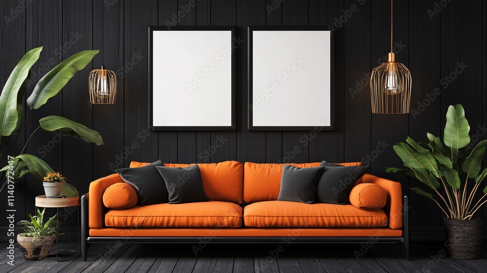 Fototapeta premium Modern living room featuring a stylish orange sofa and artistic decor with greenery.