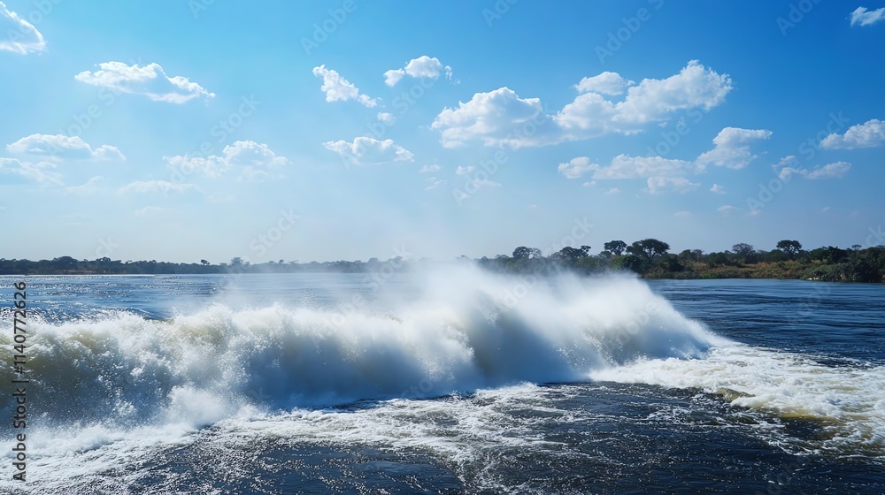 Obraz premium Vibrant waves crashing against the shore under a clear blue sky.