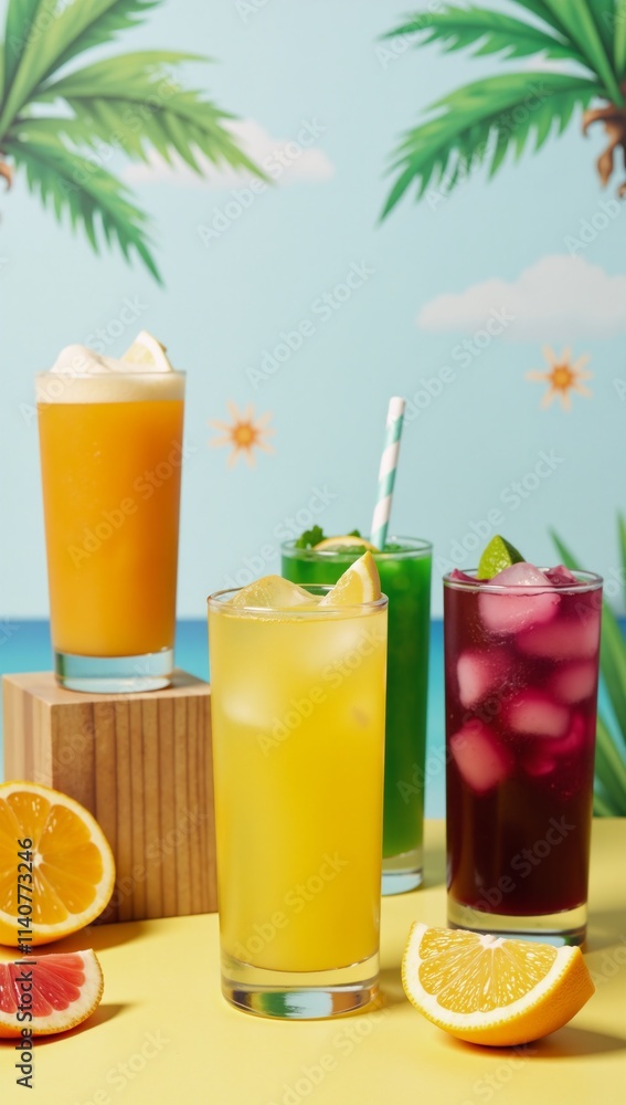 Vibrant summer drink cocktail display against a colorful summer backdrop Icy Drinks - Summer Concept Vibrant summer drink cocktail display against a colorful summer backdrop Icy Drinks - Summer Concept