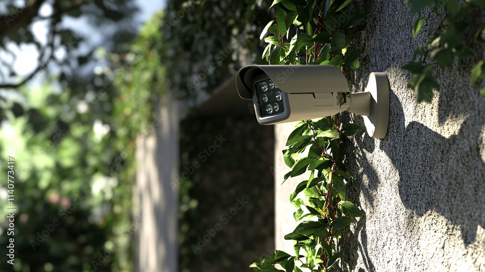 A modern security camera mounted on a stone wall, surrounded by lush green ivy, providing surveillance in a tranquil outdoor setting. A modern security camera mounted on a stone wall, surrounded by lush green ivy, providing surveillance in a tranquil outdoor setting.