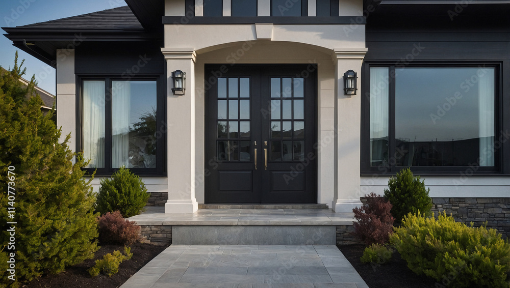 Modern Home Exterior with Black Double Doors and Stone Pathway Modern Home Exterior with Black Double Doors and Stone Pathway