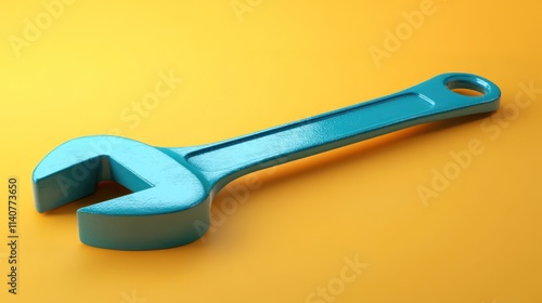 A bright teal adjustable wrench lies on a vivid yellow-orange surface. photo