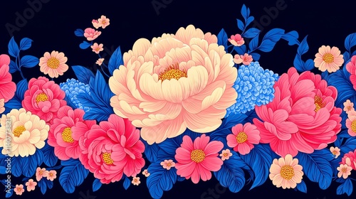 Fototapeta Naklejka Na Ścianę i Meble -  Vibrant Floral Border with Peonies and Hydrangeas
