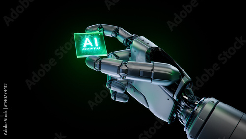 Metal Hand of Humanoid Robot is Holding at its Fingertips Innovative and Advanced AI Accelerated Microchip. Humanoid Robot Hand with Green Futuristic Chip. Artificial Intelligence Concept