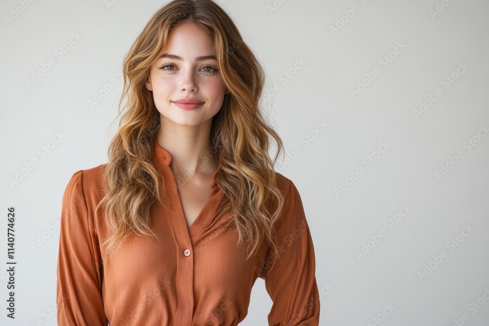 Minimalist depiction of a smiling woman in casual long sleeves and pants, with natural tones and a polished design, ideal for eco-conscious branding. Minimalist depiction of a smiling woman in casual long sleeves and pants, with natural tones and a polished design, ideal for eco-conscious branding.