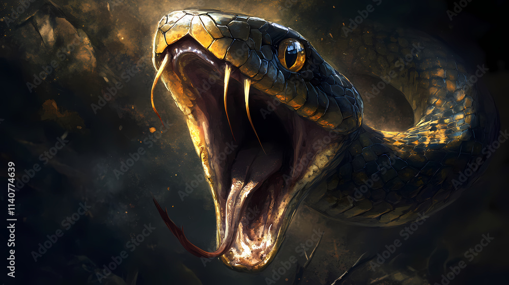 An image depicting a snake yawning, showcasing its gaping jaws and deadly sharp fangs. Chasm. Illustration An image depicting a snake yawning, showcasing its gaping jaws and deadly sharp fangs. Chasm. Illustration