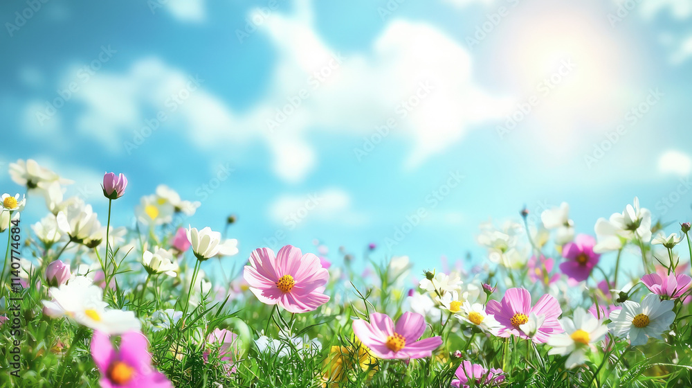 Vibrant Field of Colorful Flowers Under Bright Blue Sky with Fluffy Clouds and Soft Sunlight Creating a Serene Nature Scene for Spring or Summer Vibrant Field of Colorful Flowers Under Bright Blue Sky with Fluffy Clouds and Soft Sunlight Creating a Serene Nature Scene for Spring or Summer